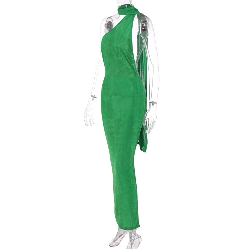 Solid Color Lace Up Neck   Backless Slim Fit Dress