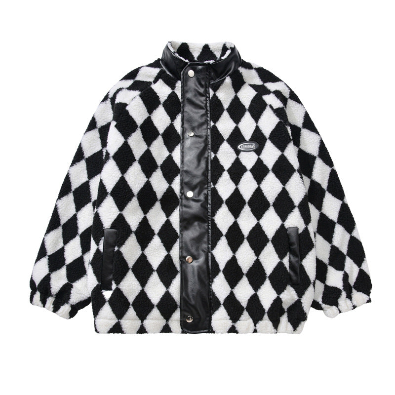 Street Black And White Plaid Leather Patchwork Lamb Wool Coat