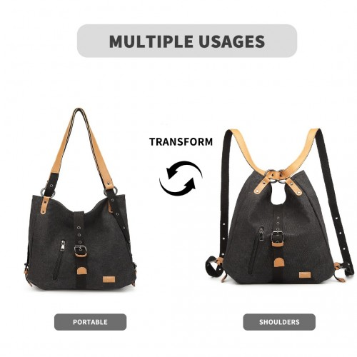 E6850-1 - Kono Casual Canvas Dual-Use Bag Large Capacity Shoulder Bag and Backpack - Black