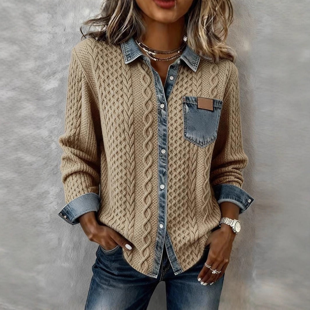 Women's Knit & Denim Patchwork Shirt | Loose Fit Casual Top