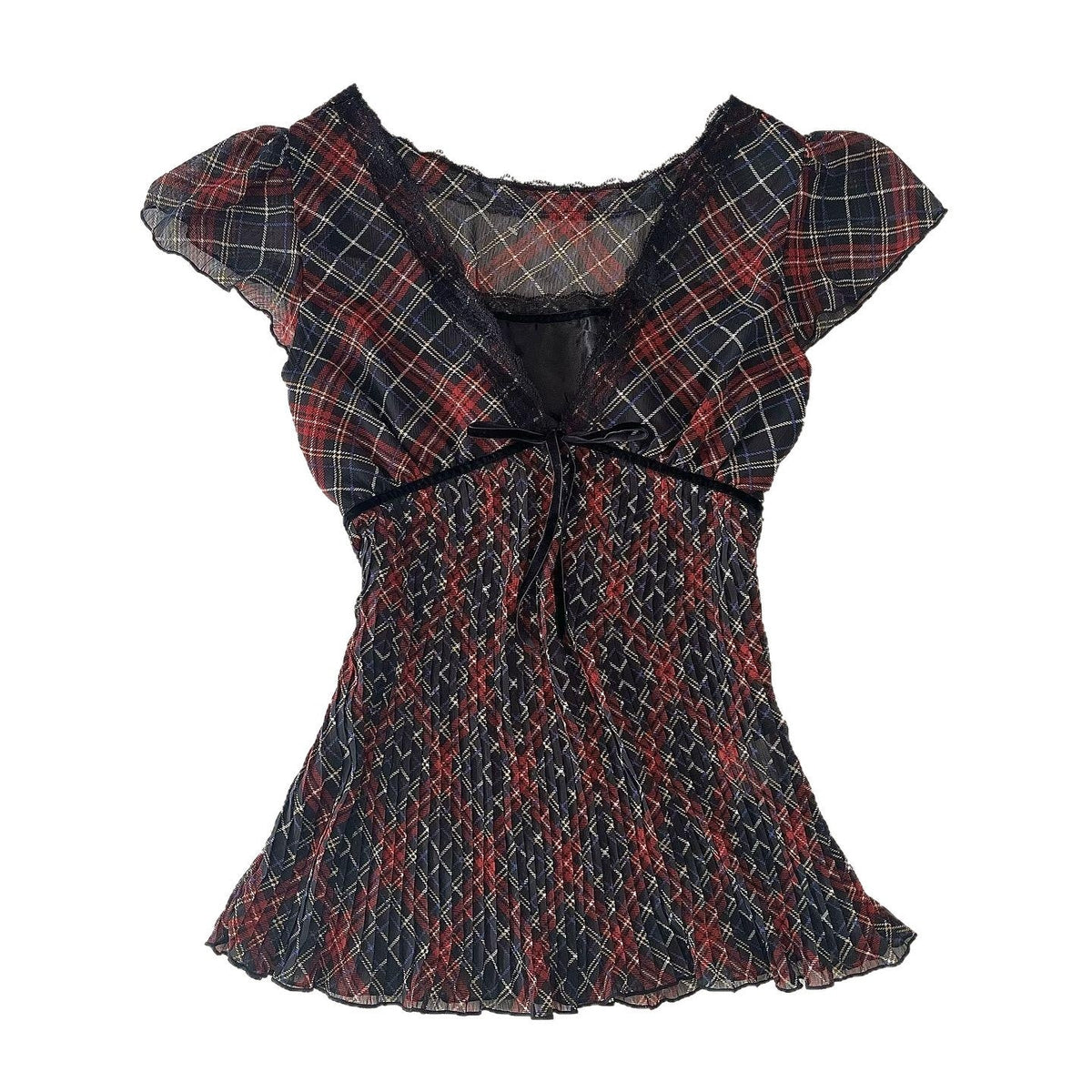 Retro Artistic Style V-neck Plaid Slightly Transparent Slimming T-shirt