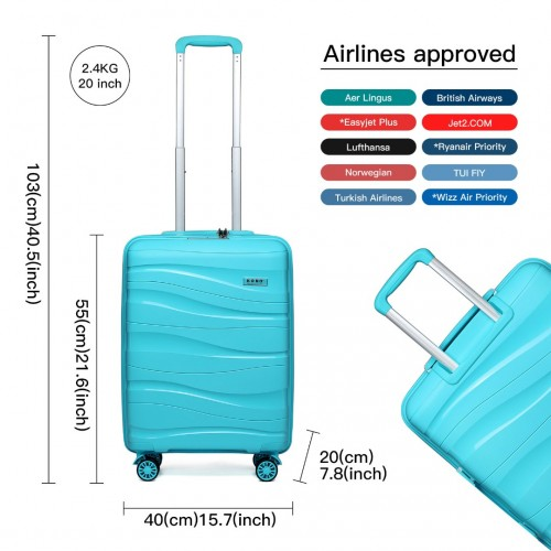 K2094L - Kono 20 Inch Lightweight Polypropylene Hard Shell Suitcase With TSA Lock - Blue