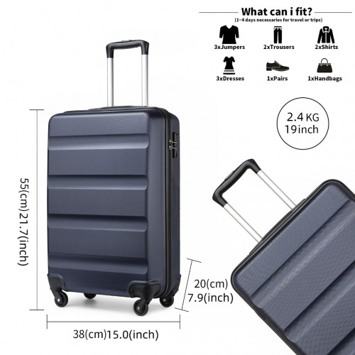 K2191L - Kono 19 Inch Cabin Size Carry On Suitcase - Streamlined Lightweight ABS Hardshell with Secure TSA Lock - Navy