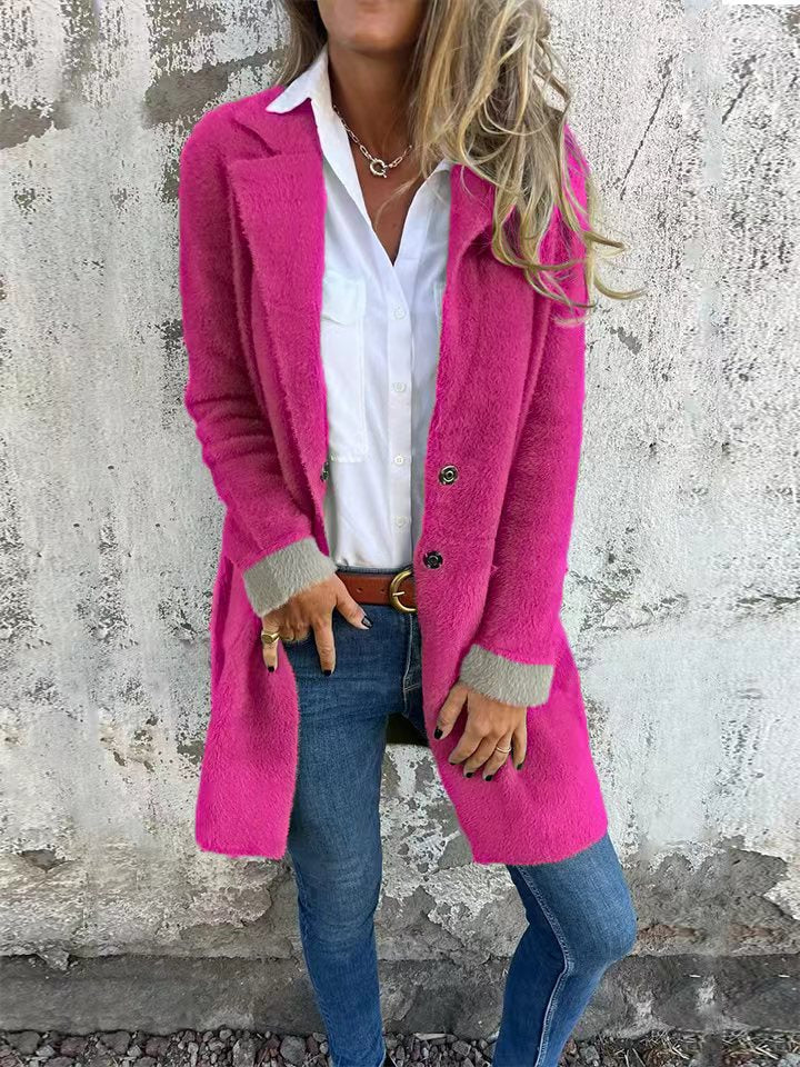 Polo Collar Pocket Cardigan Single-breasted Mid-length Plush Coat