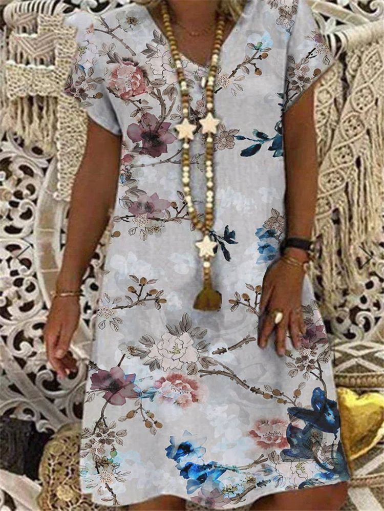 Summer New Floral Print Short-Sleeved V-Neck Dress Women
