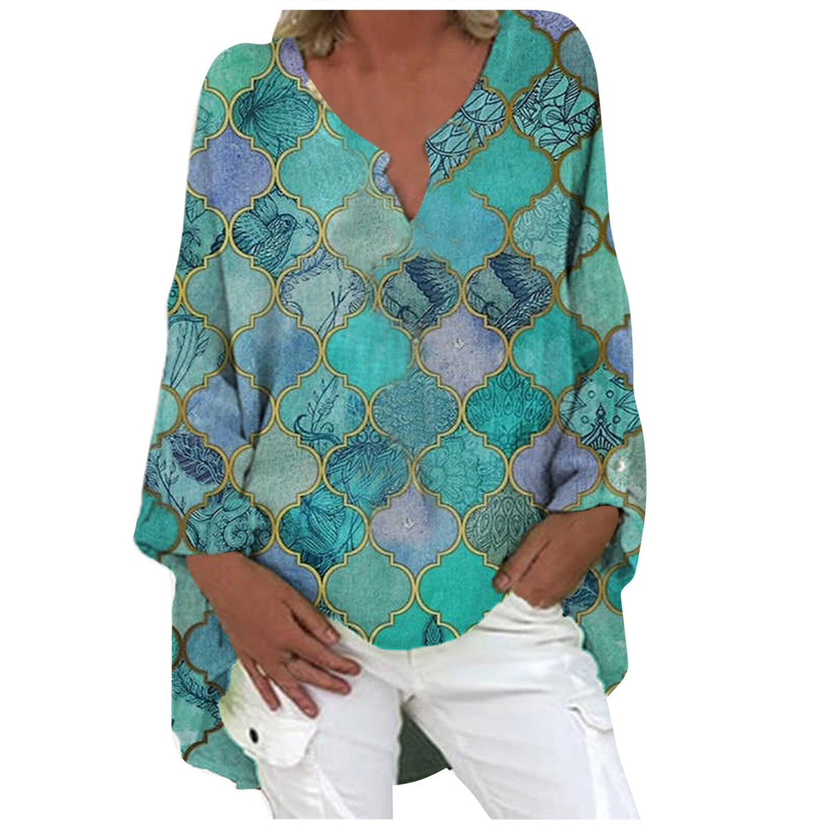 Printed Patchwork V-neck Long Sleeve Plus Size Dress