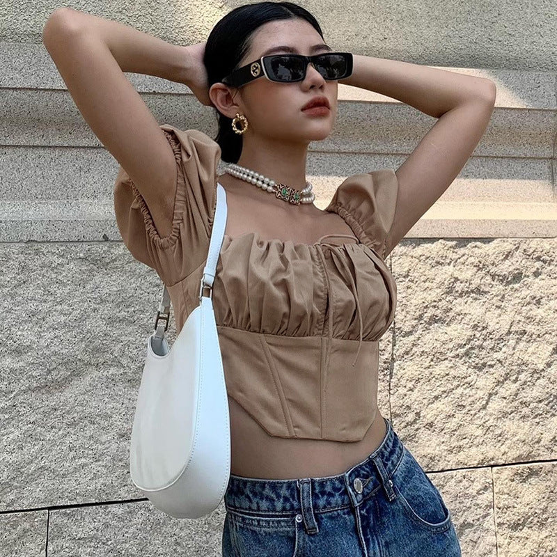 Patchwork Top Backless Zipper Pleated Short Sleeves