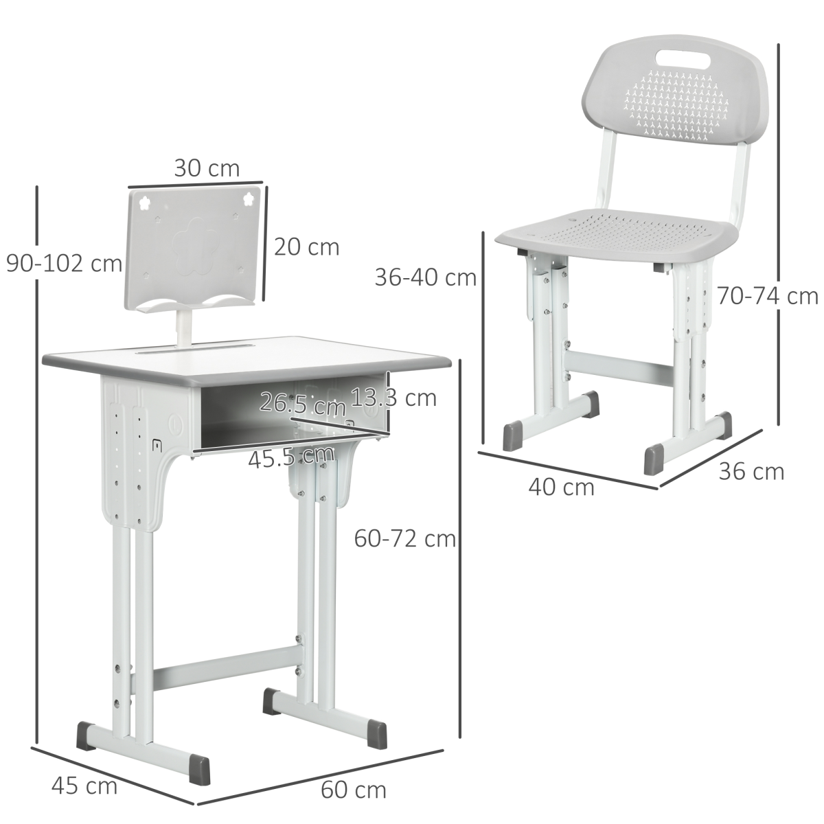 Kids Desk and Chair Set Adjustable Height Study Table w/ Book Stand - Grey