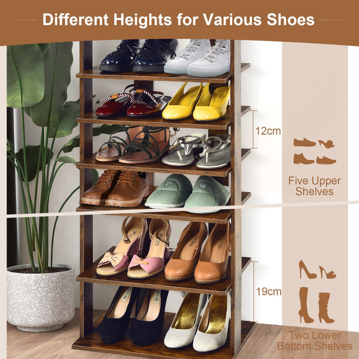 Extra Wide Wooden Vertical Shoe Rack with 7 Shelves-Black