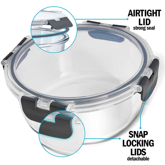 Glass Stackable Round Food Storage Containers – 3 Pack (400ml, 650ml & 950ml)..