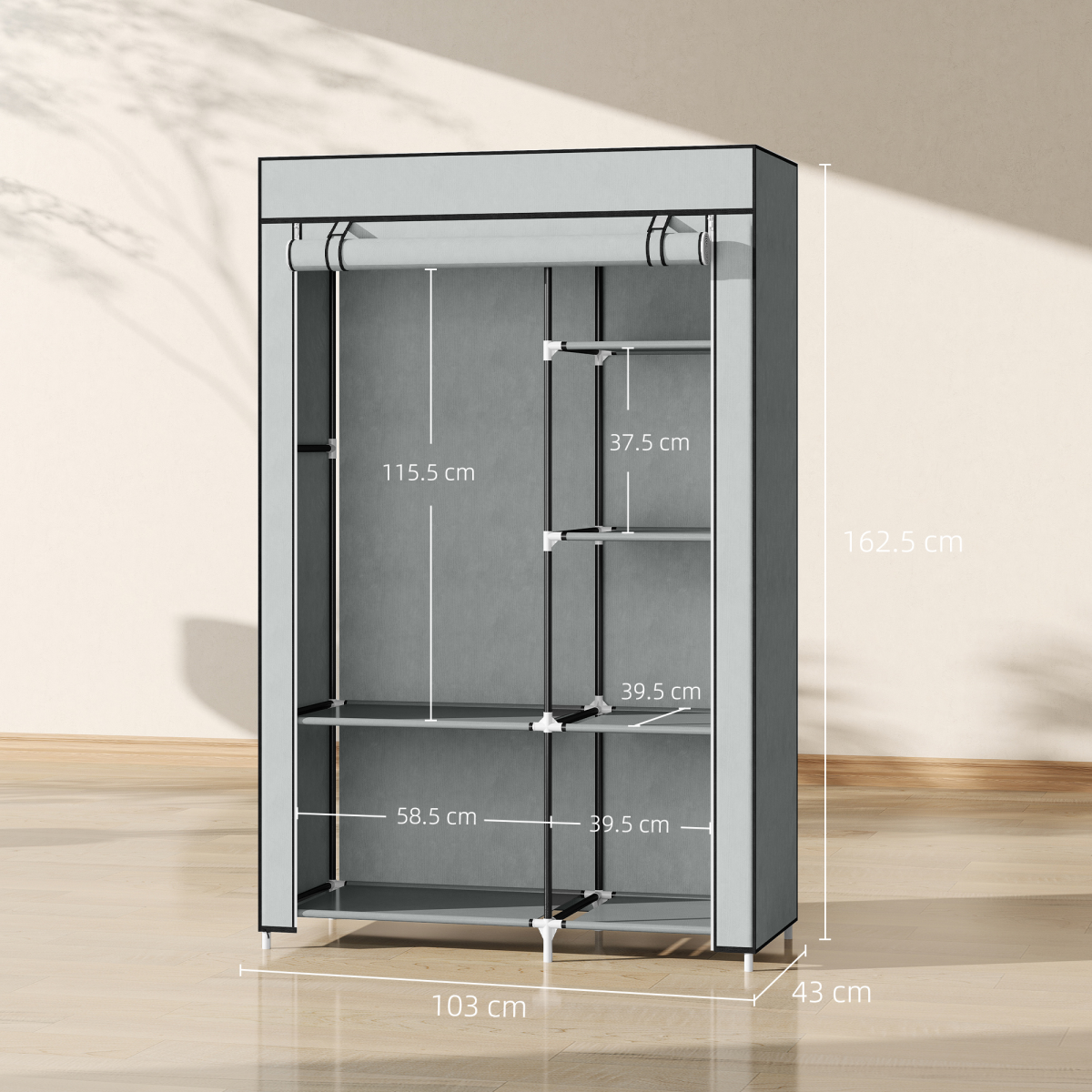 Fabric Wardrobe Portable Wardrobe with 6 Shelves 1 Hanging Rail Light Grey