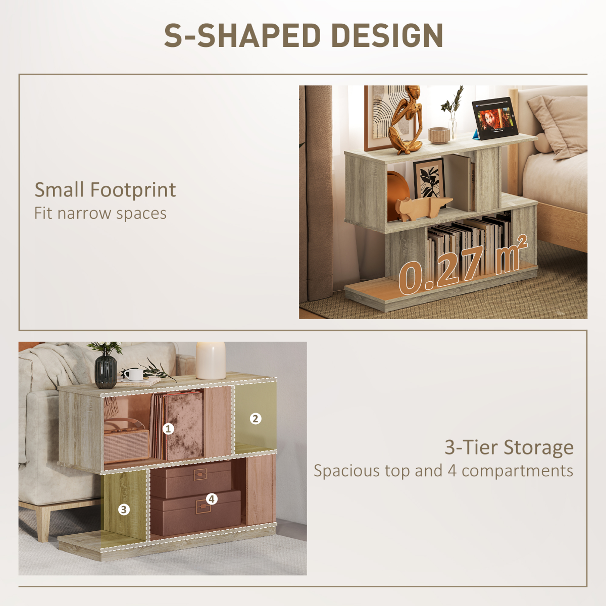 HOMCOM Modern Narrow End Table, S-Shaped Nightstand, Natural Wood Finish