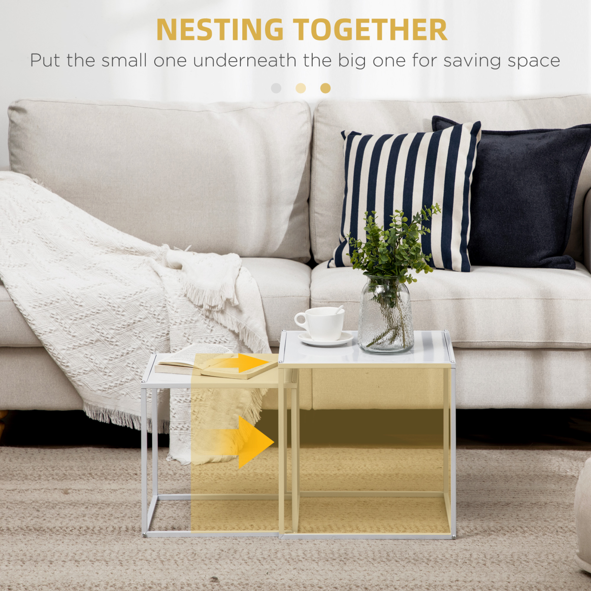 HOMCOM Nesting Coffee Table Set of 2, Nest of Tables with Steel Frame, White