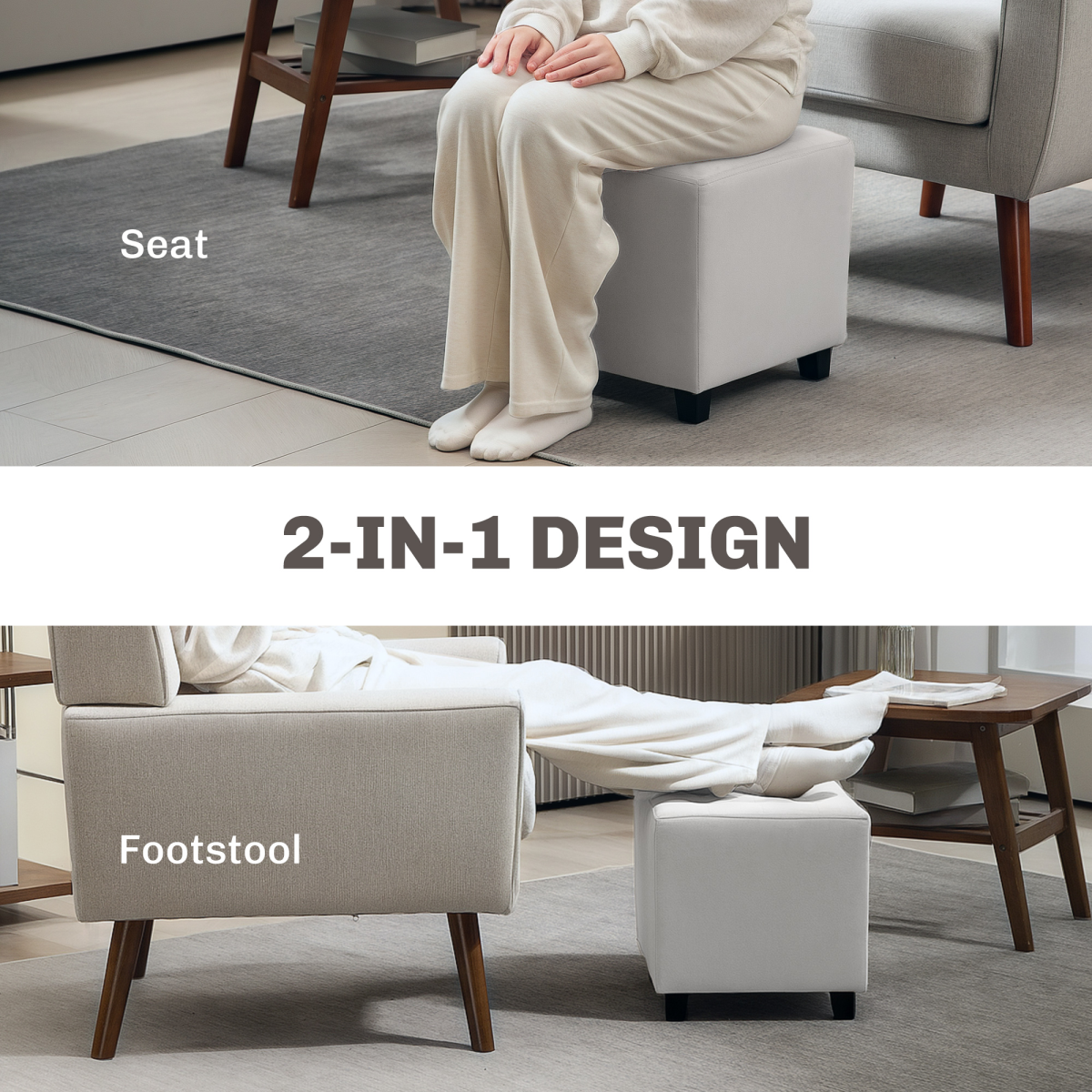 HOMCOM Square Footstool Small Ottoman w/ Wood Legs for Bedroom Light Grey
