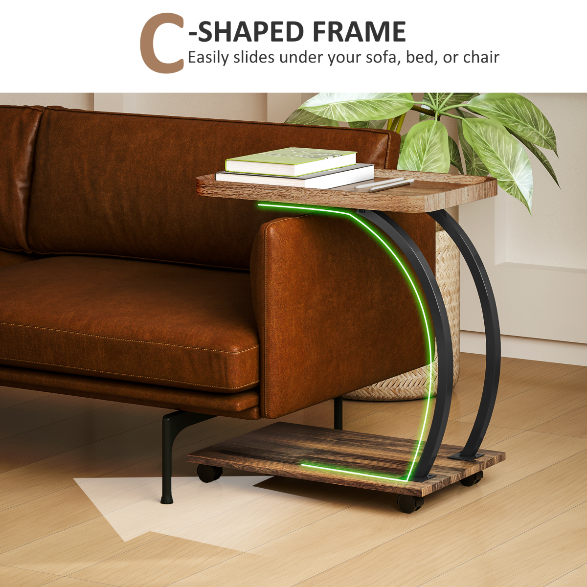 HOMCOM C Shaped Side Table with Storage & Wheels for Living Room, Brown