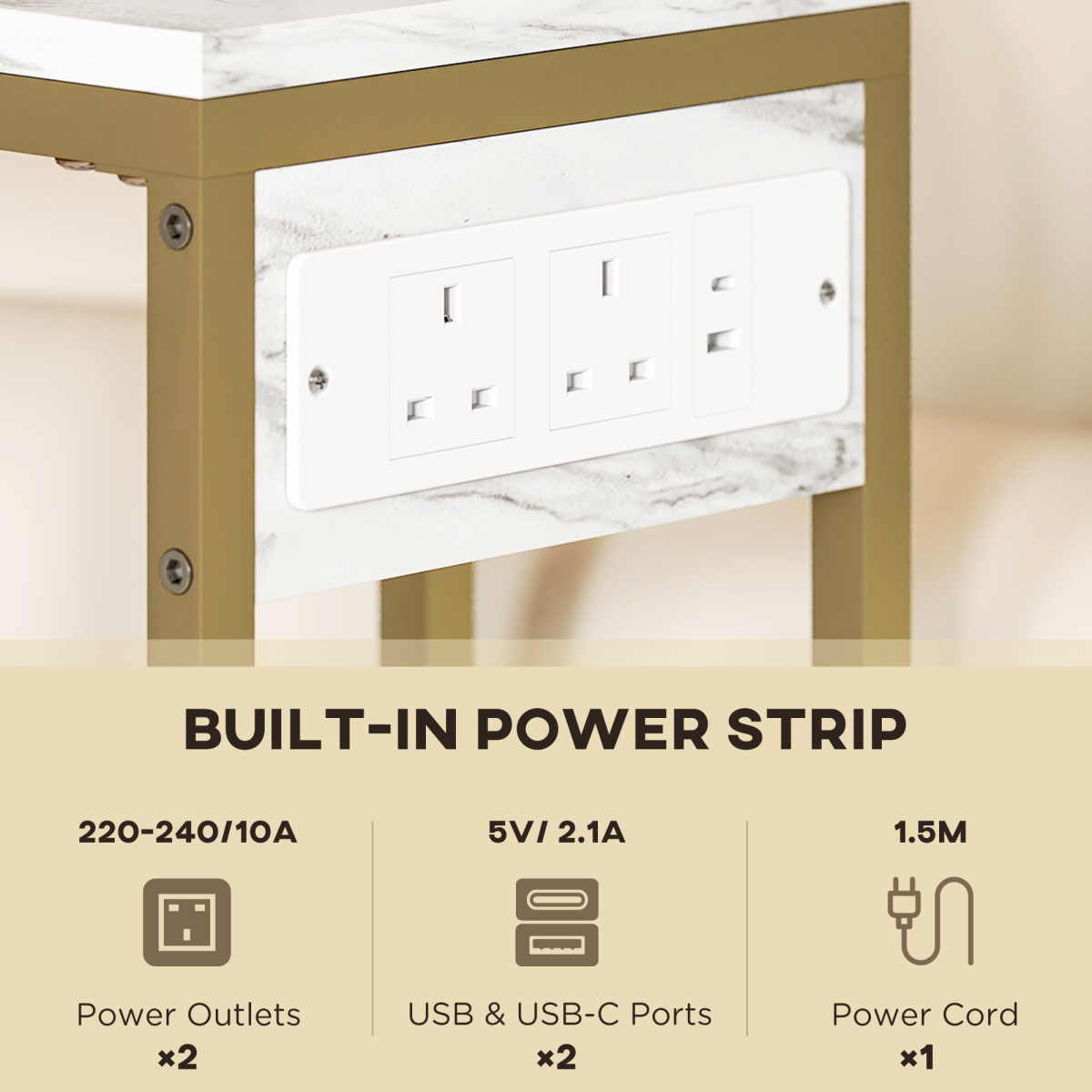 HOMCOM C Shaped Side Table, Faux Marble Bedside Table with Charging Station