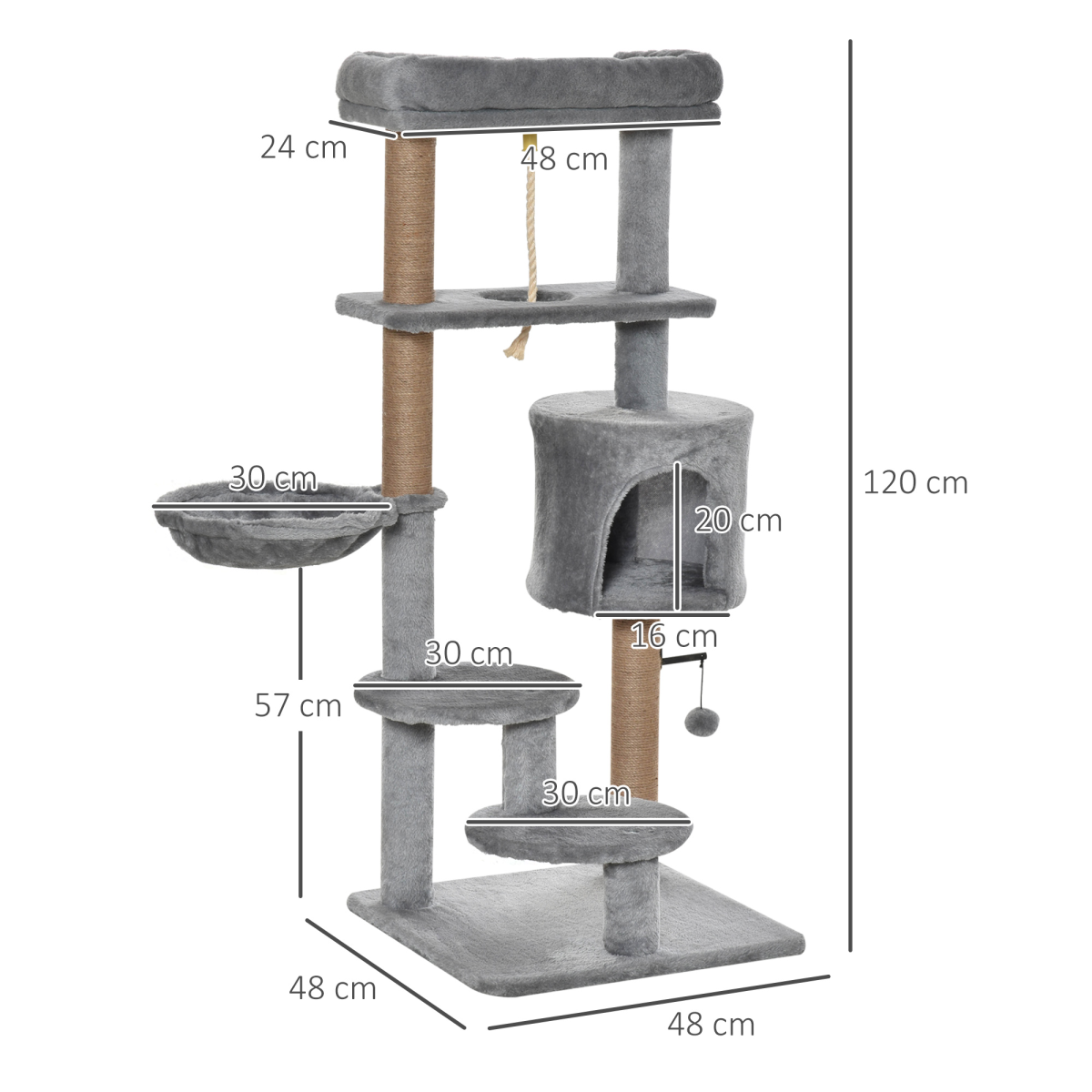 Cat Tree Tower w/ Scratching Post Hammock Hanging Ball Condo Teasing Rope