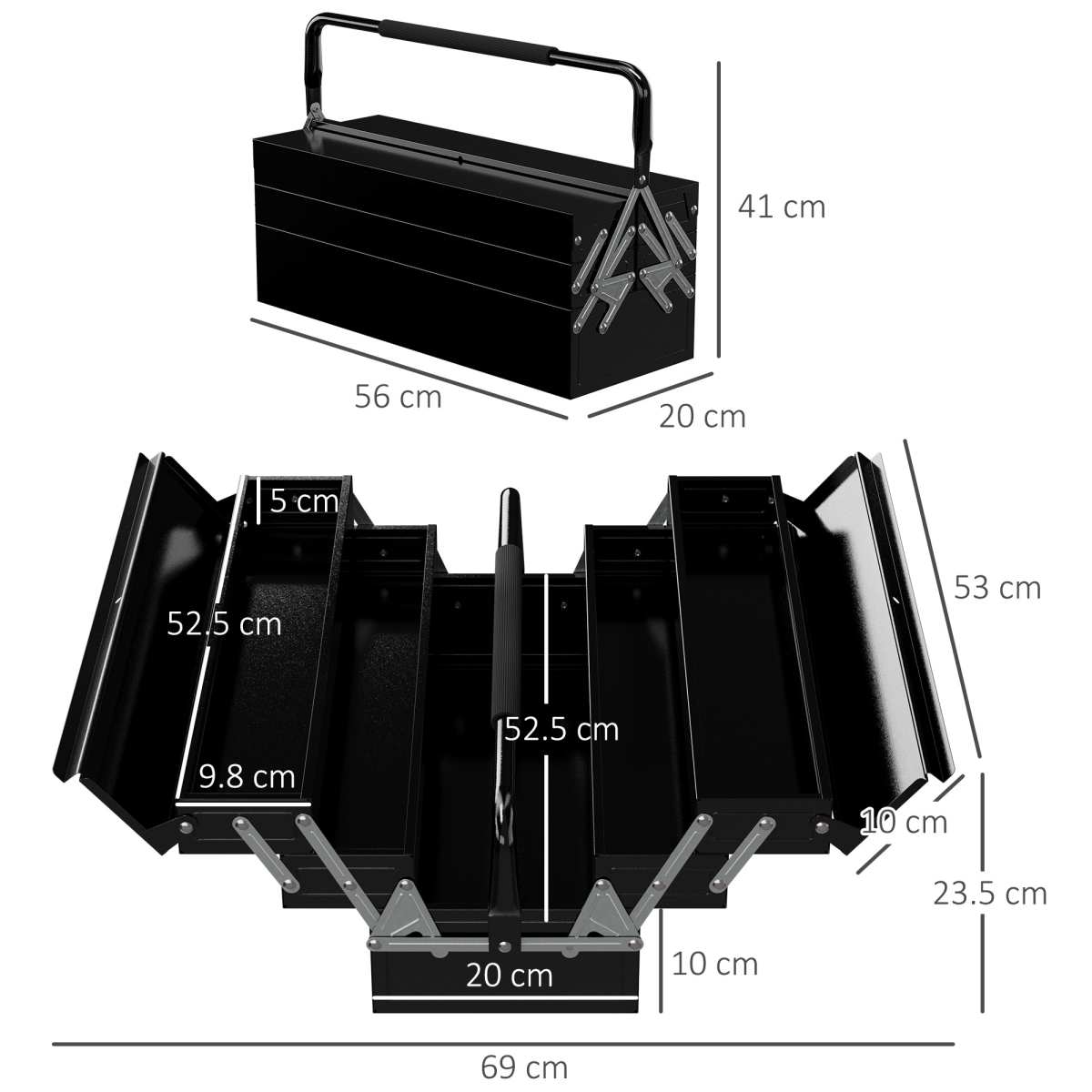 DURHAND 3 Tier Metal Toolbox with 5 Tray Carry Handle 56cmx20cmx34cm Black
