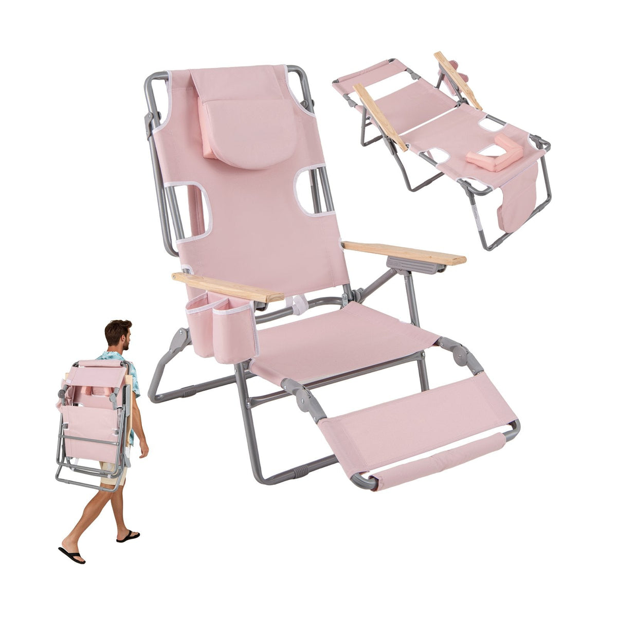 3-IN-1 Foldable Beach Chair Lay-Flat Tanning Chair with Face Hole-Beige