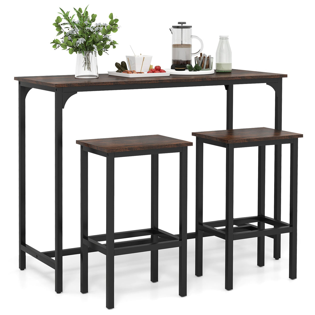 3-Piece Dining Table Set with High Top Rectangular Pub Table and Chairs-Black