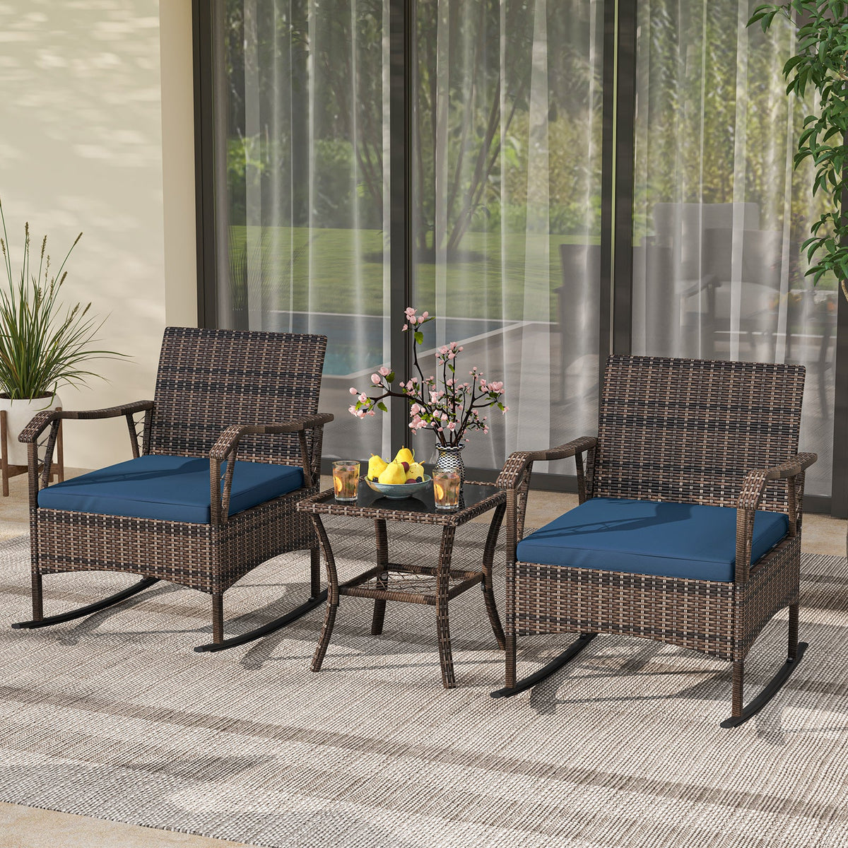 3 Pieces Rocking Bistro Set with Cushions for Porch-Navy