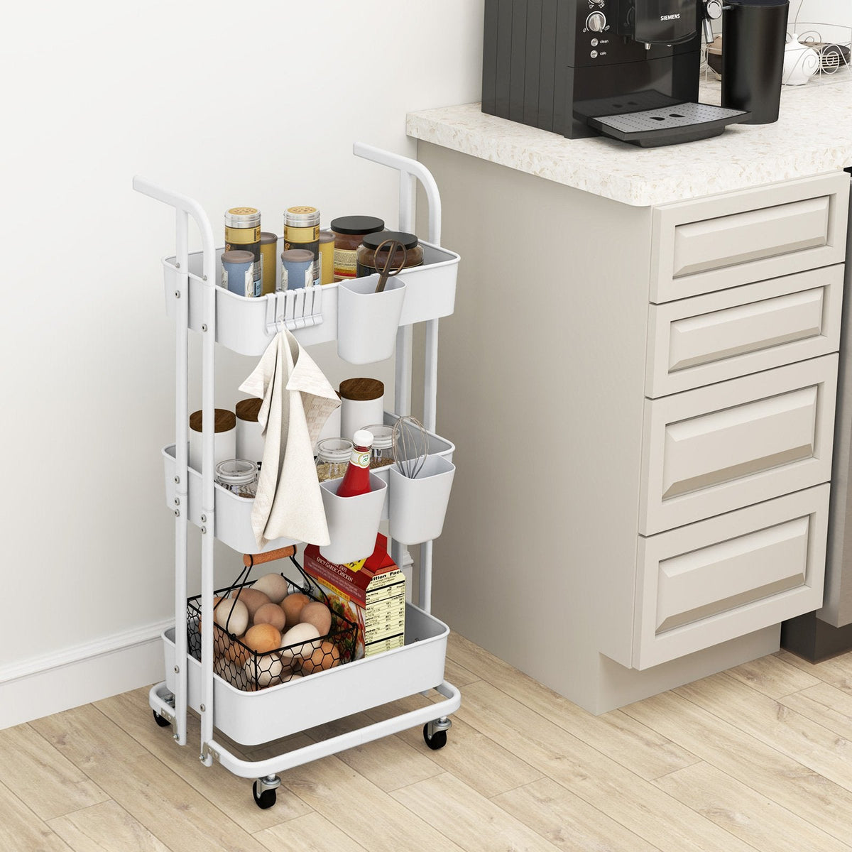 3-Tier Rolling Cart with 3 Hanging Cups and 6 Hooks-White