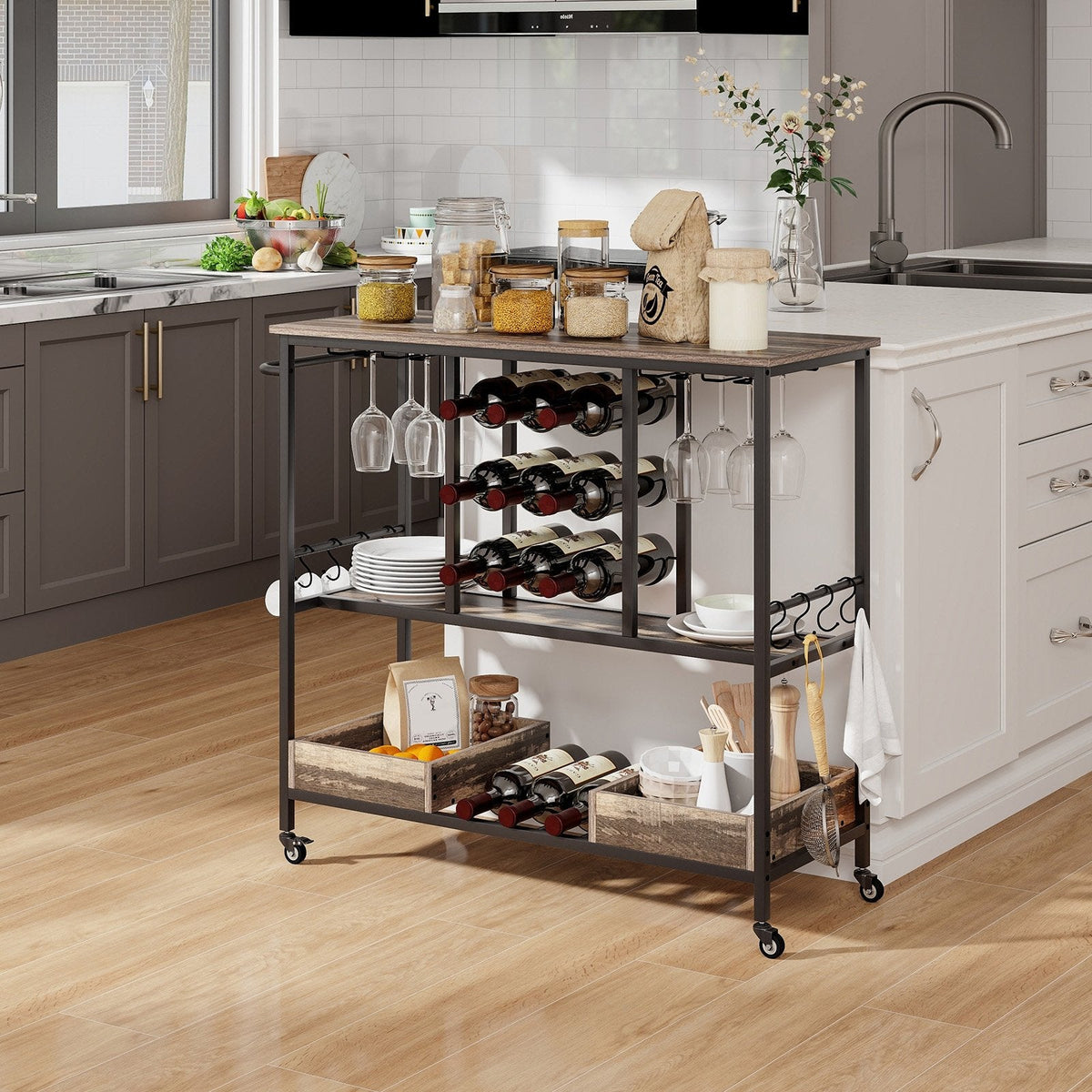 3 Tiers Bar Cart on Wheels with Glass Racks-Rustic Brown