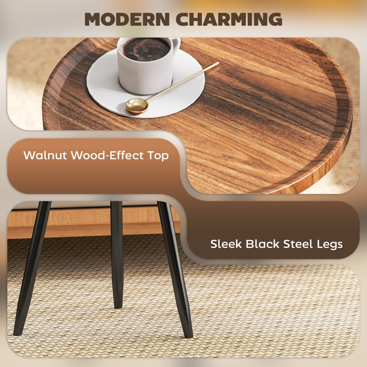 HOMCOM Modern End Side Table, Round Coffee Table, Chestnut Wood Effect