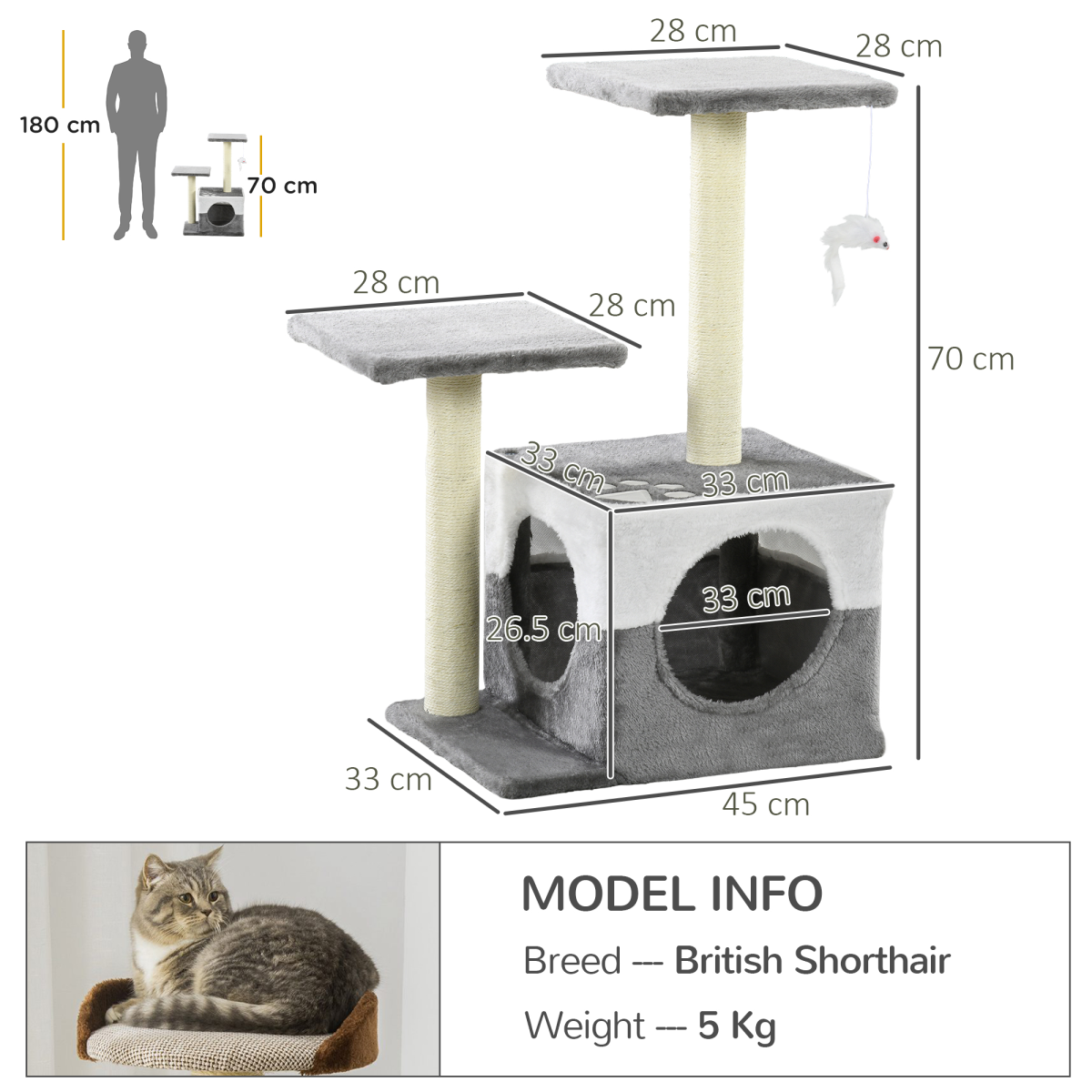PawHut Cat Tree w/ Sisal Scratching Posts, House, Perches, Toy Mouse - Grey