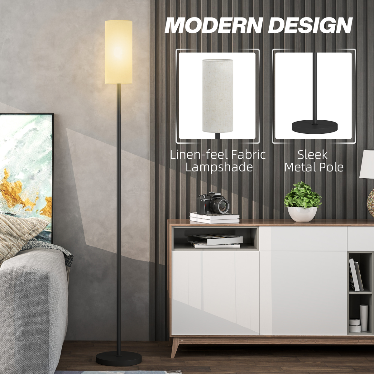 HOMCOM Floor Lamp with Linen Shade & Foot Switch for Living Room, White