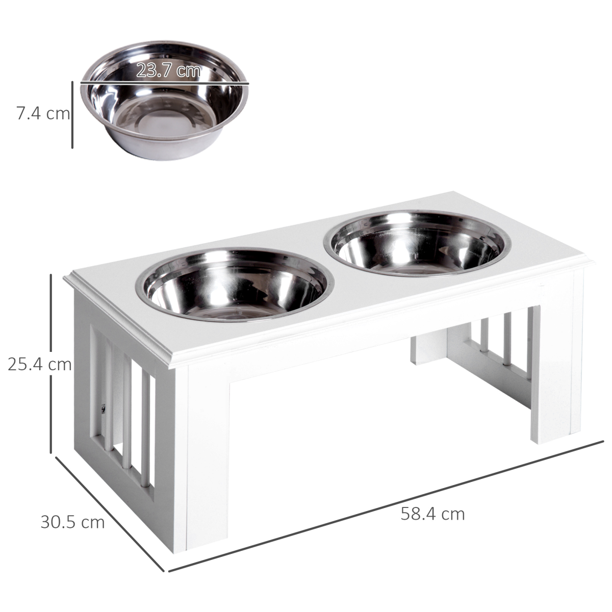 Raised Pet Feeder Elevated Double Staninless Steel Bowls Stand Water White