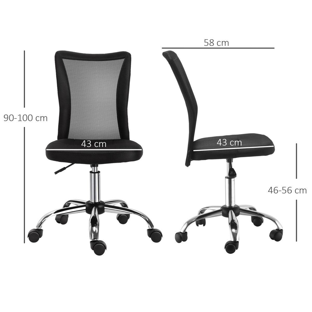 Armless Office Chair Ergonomic Padded Height Adjustable Mesh Back 5 Wheels