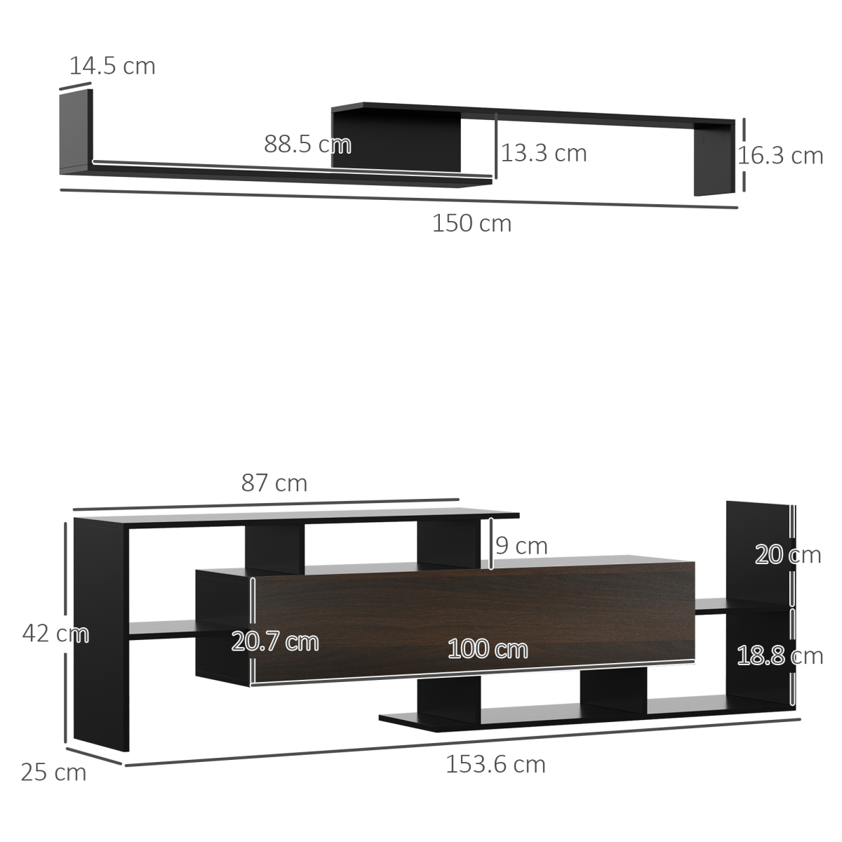 HOMCOM TV Cabinet Unit w/ Wall-Mounted Shelf, Open Shelves Black and Brown