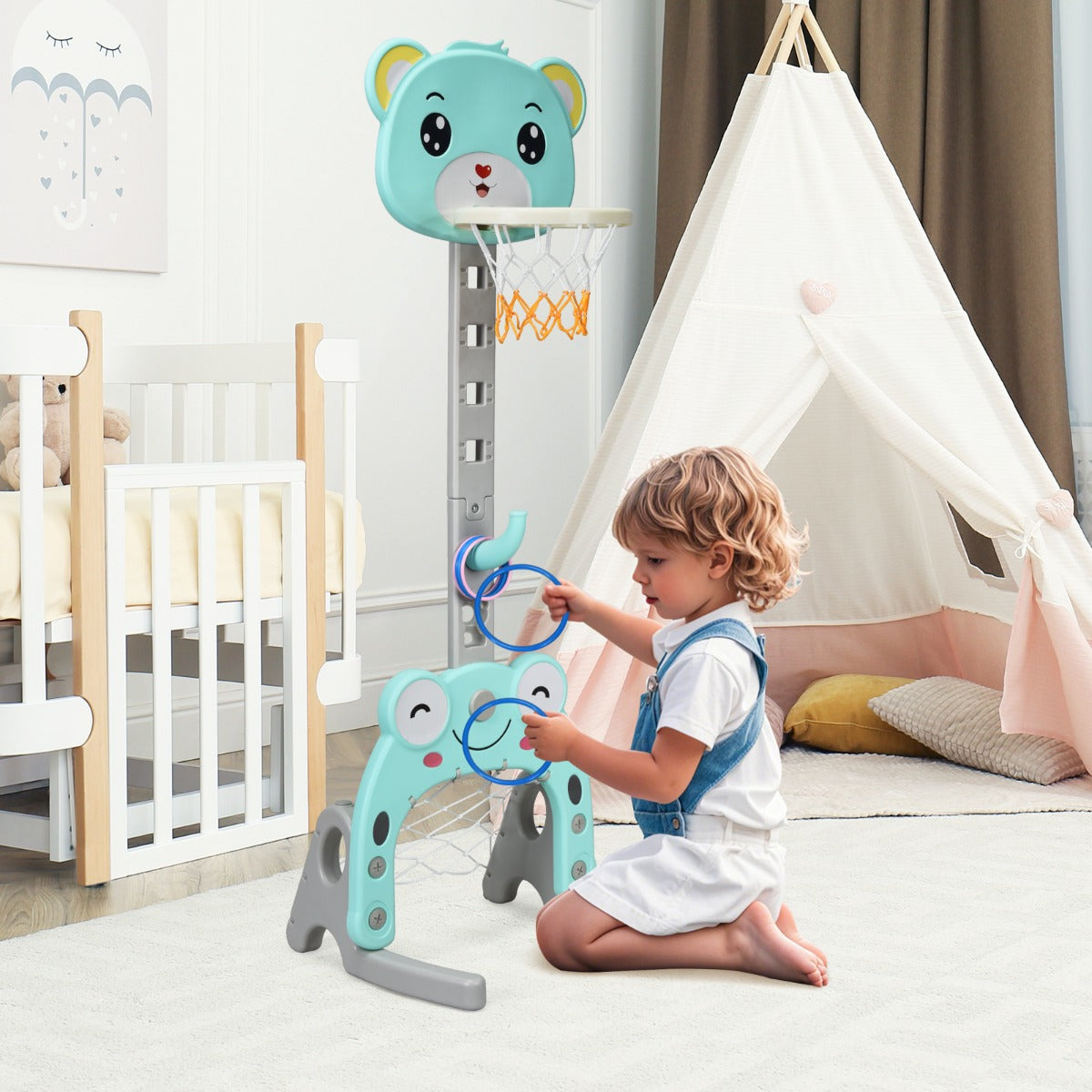 3 IN 1 Kids Basketball Hoop and Stand Set-Green