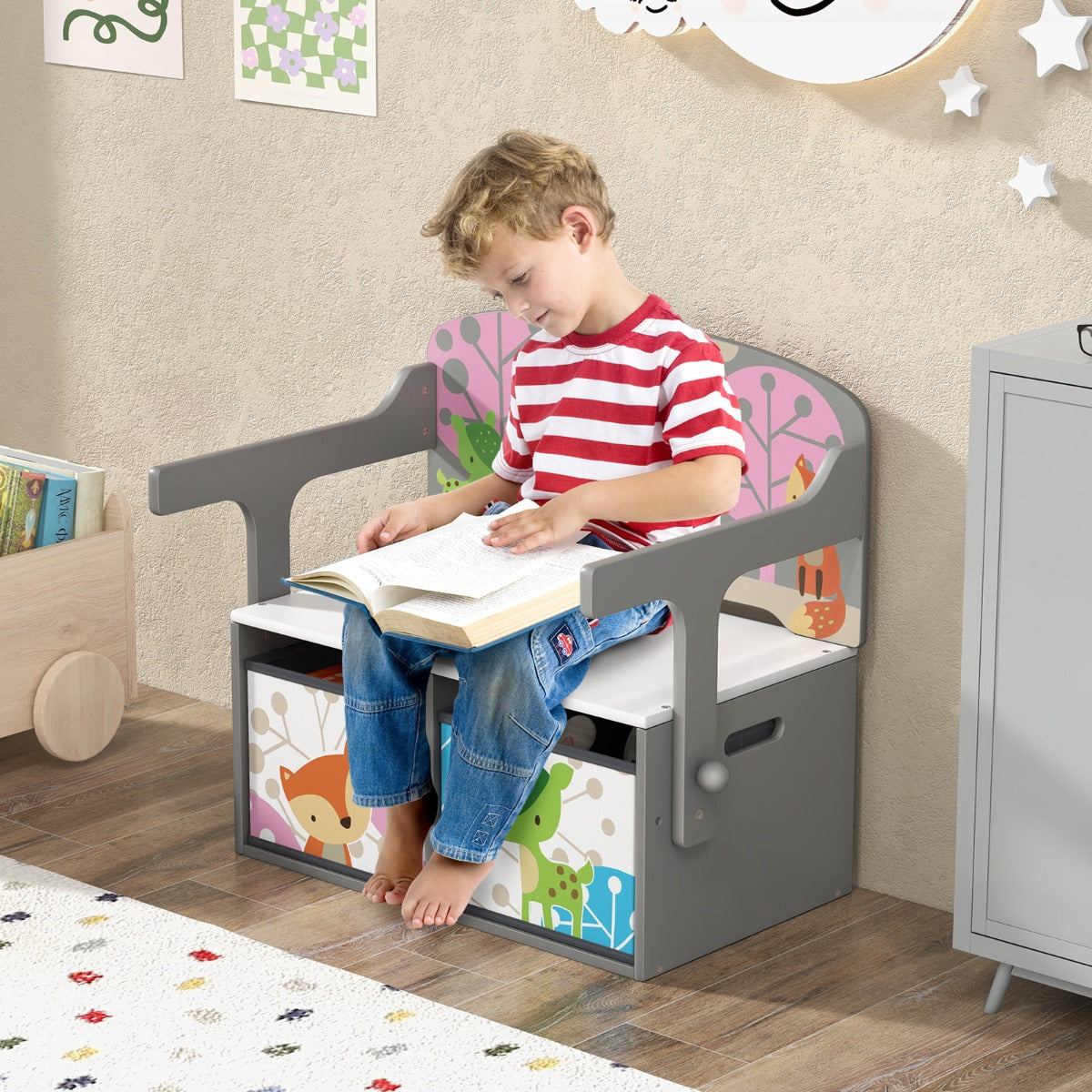 3 in 1 Kids Convertible Activity Bench with 2 Removable Fabric Bins for Drawing Playing-Grey