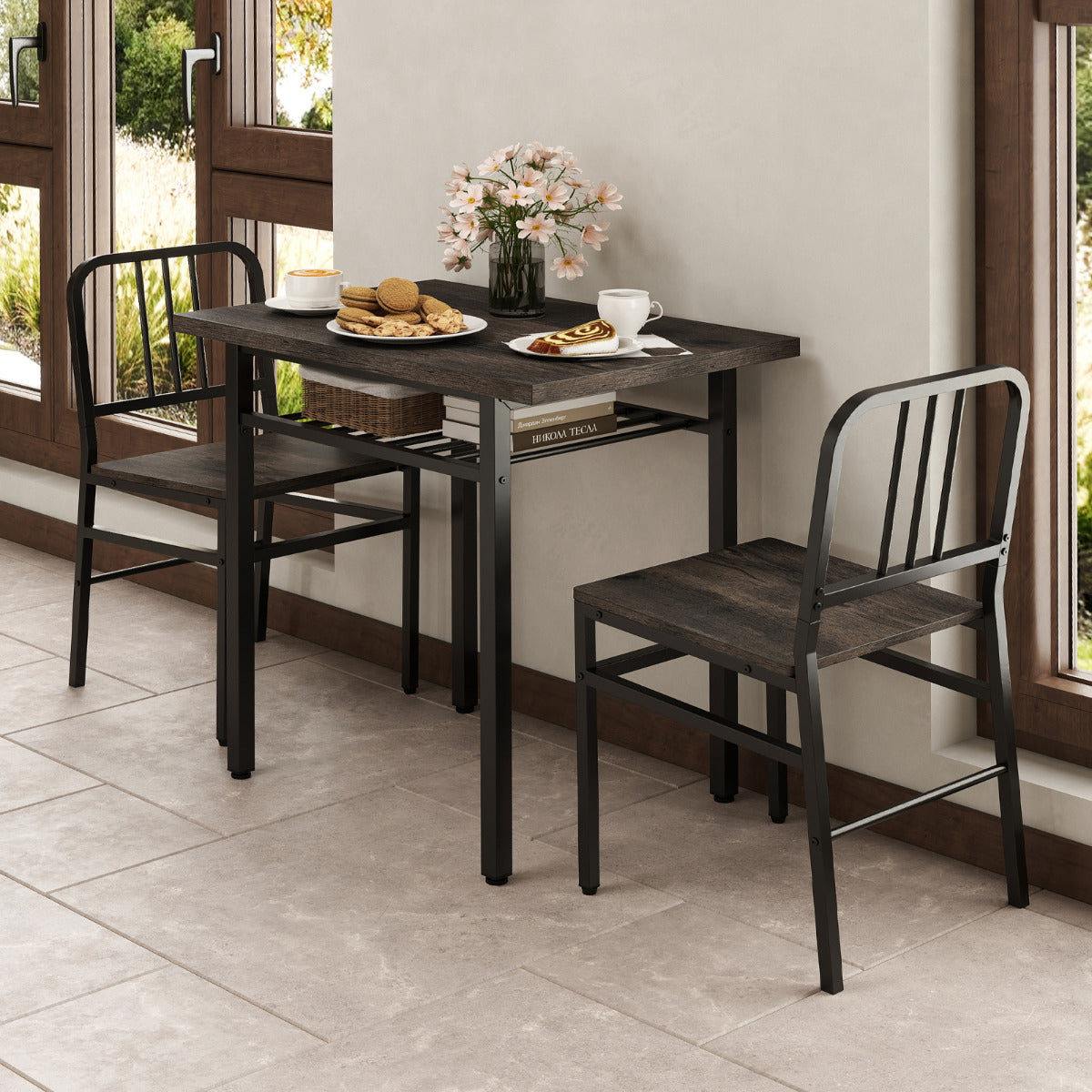 3-Piece Dining Table Set with Storage Rack and Metal Legs-Grey