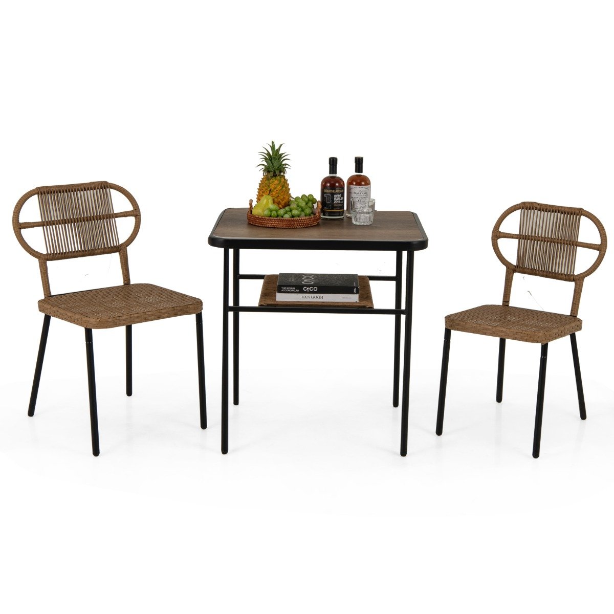 3 Pieces Patio Dining Set with 2 Varied-Size Stackable Rattan Chairs and Table-Natural
