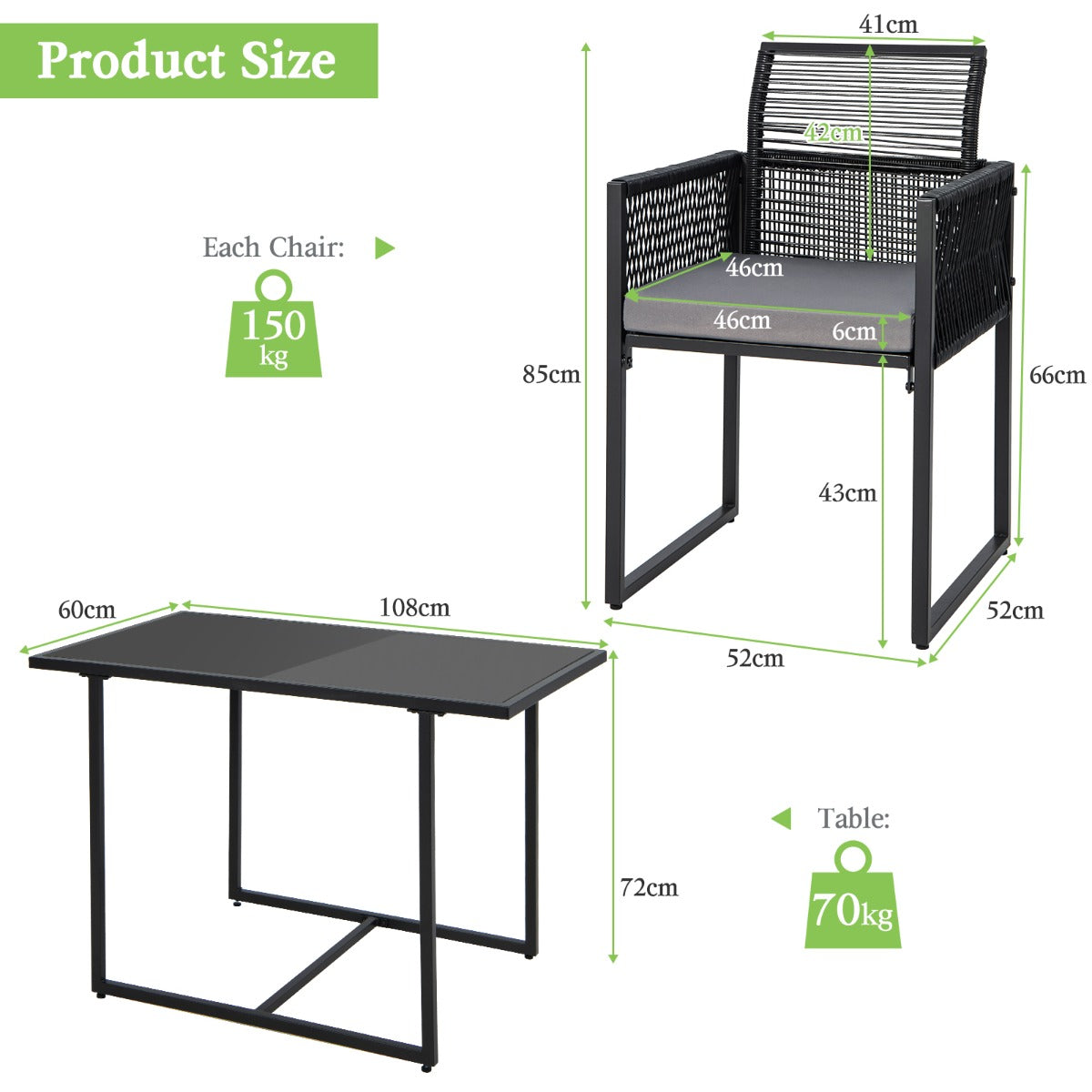 3 Pieces Space-Saving Patio Rattan Outdoor Dining Set-Black