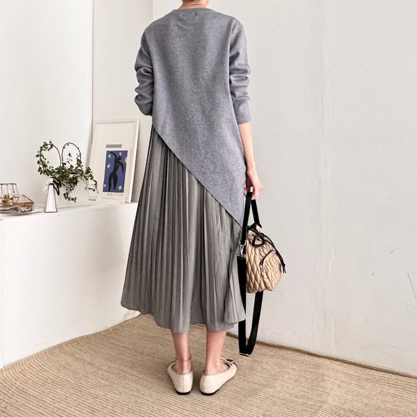 Autumn Elegance Retro Round Neck Irregular Design Loose Casual Patchwork Pleated Dress Women