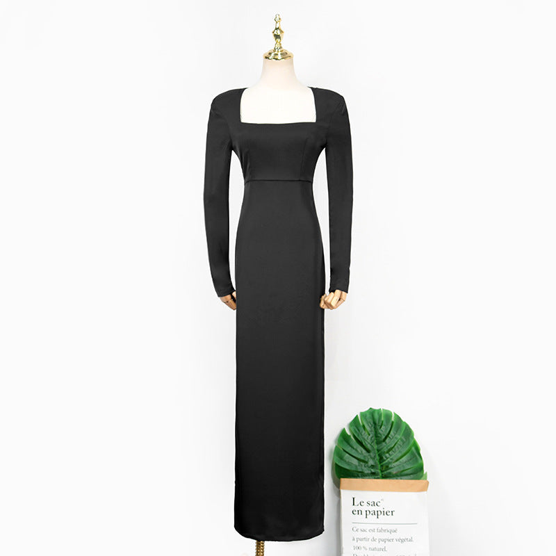 Black Long Sleeved Square Neck Dress For Women