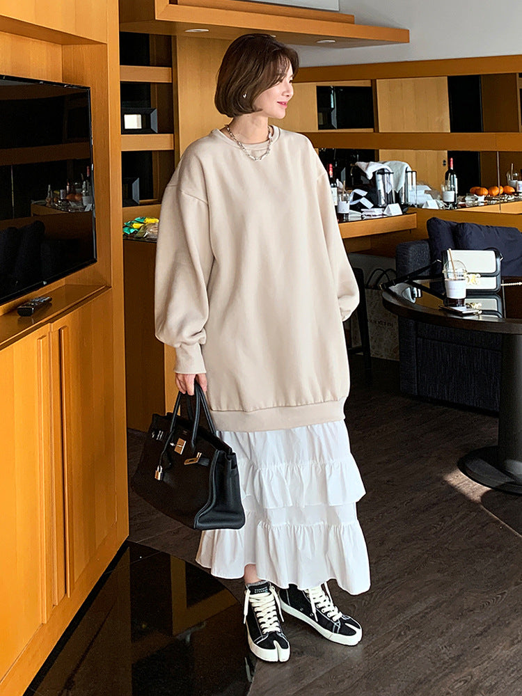 Idle Style Color Contrast Patchwork Ruffled Sweater Dress Women
