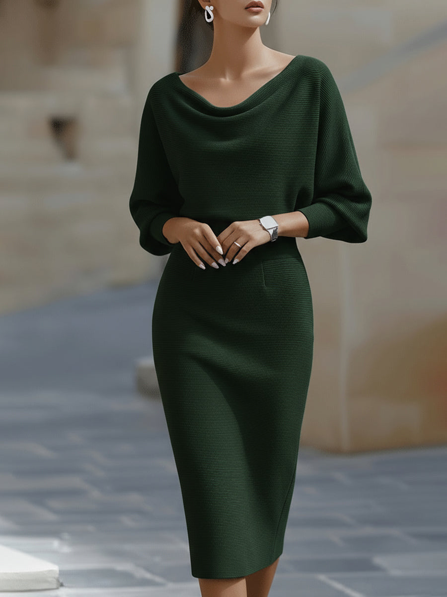 Pleated Batwing Sleeve Midi Dress - Women's Fashionable A-Line Casual Daywear