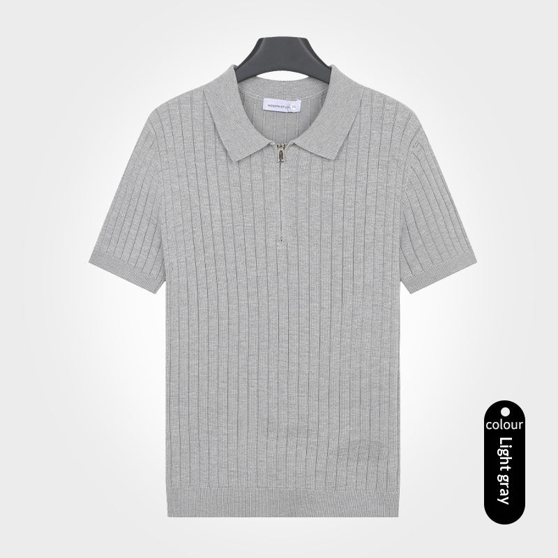 Old-money-style Lapel Zip-up Short-sleeve T-shirt Knit Sweater