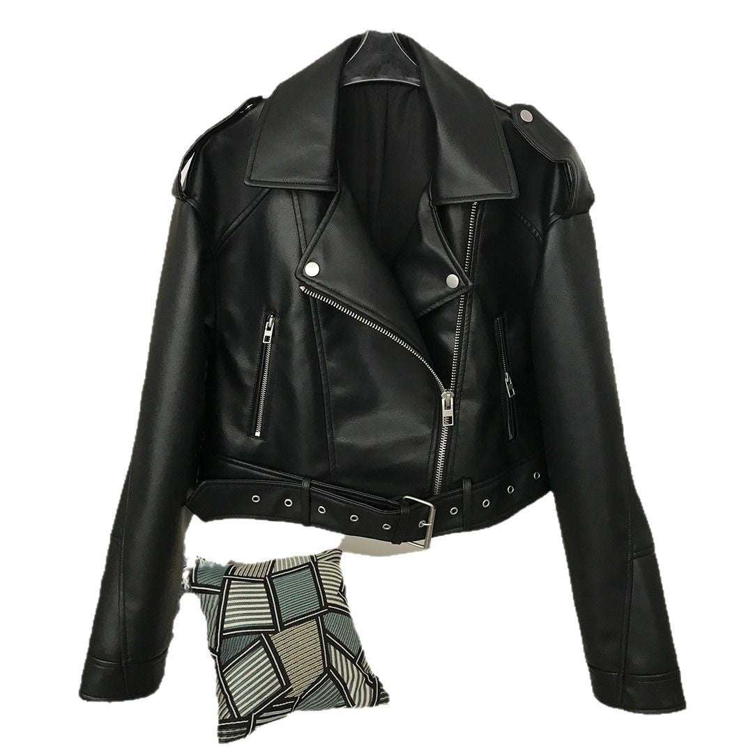 Women's Spring And Autumn Lapel Short Fashionable Casual Figure Flattering Leather Coat