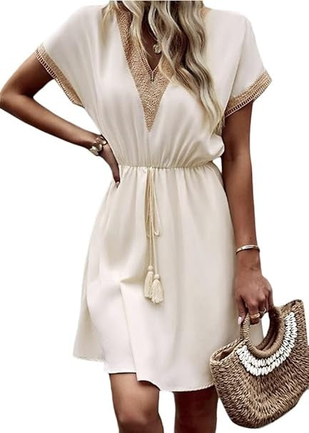 Women Stylish Summer V-Neck Fringed Belted Dress