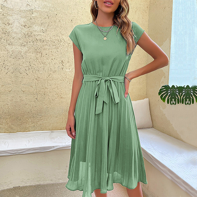 Summer Pleated Short-sleeved Dress INS Fashion Waist-tied Beach Dresse Women's Clothing