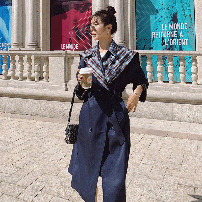 Plaid Stitching Trench Coat British Style Fake Two-piece