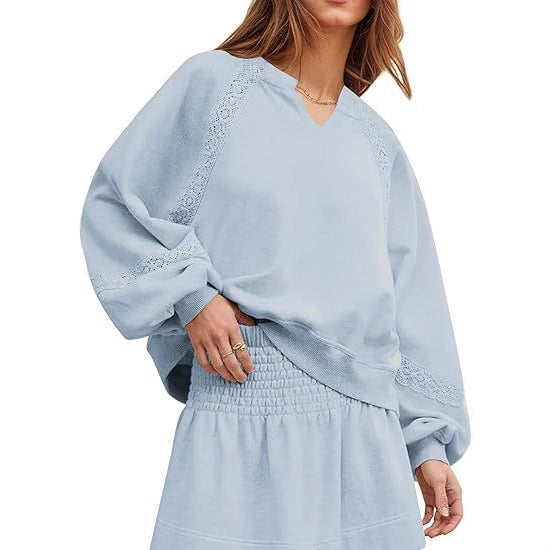 Women's Casual Lace Lantern Long Sleeve Solid Color Loose Top