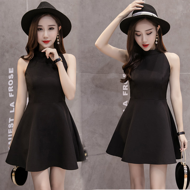 Sleeveless Hanging Neck Summer Strapless Slim High Waist Black Dress Women's Clothing