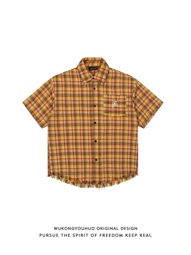 American Embroidery Pocket Yellow Short Sleeve Plaid Shirt Men And Women